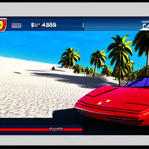 Image similar to a red Ferrari testarossa next to a white sand beach with palm trees. 16bit graphics. HD 8K. Intricate detail