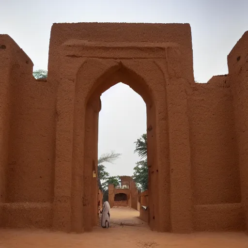 Prompt: High-quality photography of a West African city gate made of mud bricks, wide-angle lens, National Geographic