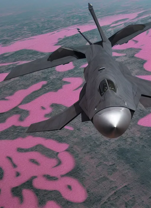 Image similar to hyperrealism, detailed textures, photorealistic 3 d, fighter jet, in futuristic stealth style, flying at ground level over an endless plain of pink flamingos, ultra realistic, cinematic, intricate, cinematic light, unreal engine 8 k