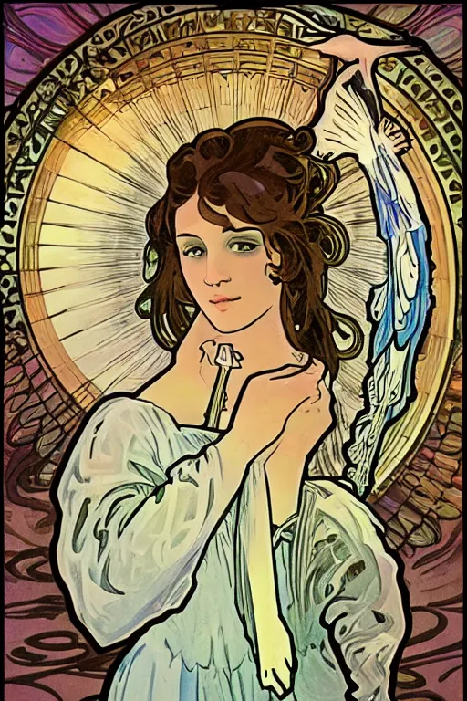 Image similar to Angel with Ring of light behind her, in the style of Alphonse Mucha