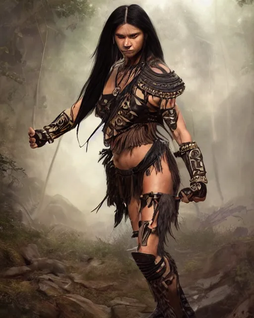 Image similar to Strong native American female beauty with long straight black hair in a ponytail and muscular figure, wearing roman black leather armor with detailed bronze ornaments, she is a fighter holding two sabers in a vivid jungle in natural light, low angle, mist, micro details, octane render, in the style of Anders Zorn and Jaime Jones, trending on artstation, concept art for movies