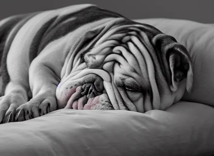 Image similar to a closeup, 4 5 mm, portrait of a sleeping english bulldog in a bed, on a pillow, low light, 4 5 mm, by franz lanting