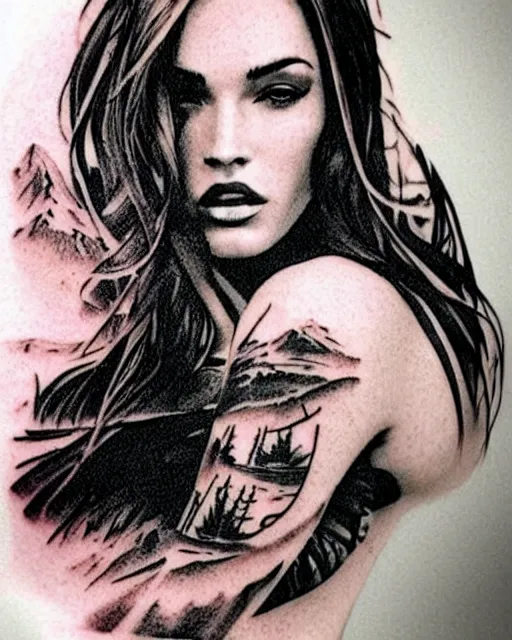 Image similar to creative double exposure effect tattoo design sketch of megan fox with beautiful mountains, realism tattoo, in the style of andrey lukovnikov, amazing detail, sharp