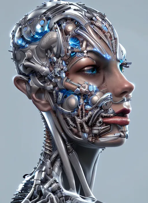 Prompt: portrait of a fractal cyborg assembled from many biomechanical parts by Artgerm, hyper detailled, cinematic lighting, trending on artstation