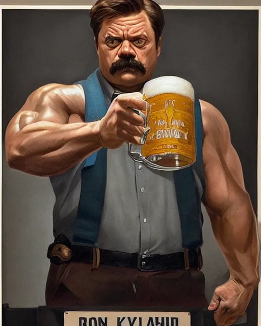 Prompt: gigachad ron swanson bodybuilder holding a keg of beer in final fight office by ilya kuvshinov, ernest khalimov body by krista sudmalis, fantasy character portrait, ultra realistic, concept art, intricate details, elegent, digital painting, smooth, sharp focus, illustration, art by artgerm and greg rutkowski and alphonse mucha, artstation