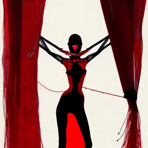 Image similar to dancing strings puppet surrounded by red curtains by Conrad Roset and Nicola Samuri, rule of thirds, seductive look, beautiful, intricate, dystopian, sci-fi, extremely detailed, digital painting, artstation, concept art, smooth, sharp focus, illustration, intimidating lighting, incredible art, details visible, very dark ambiance