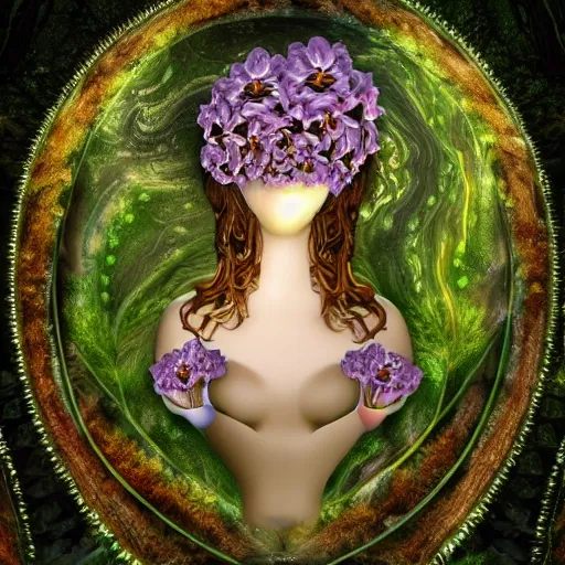 Image similar to glowing delicate flower and mushrooms that grow in a dark fatansy forest on the planet Pandora, an idealistic marble statue with fractal flowery hair in a fractal garden, symmetrical,