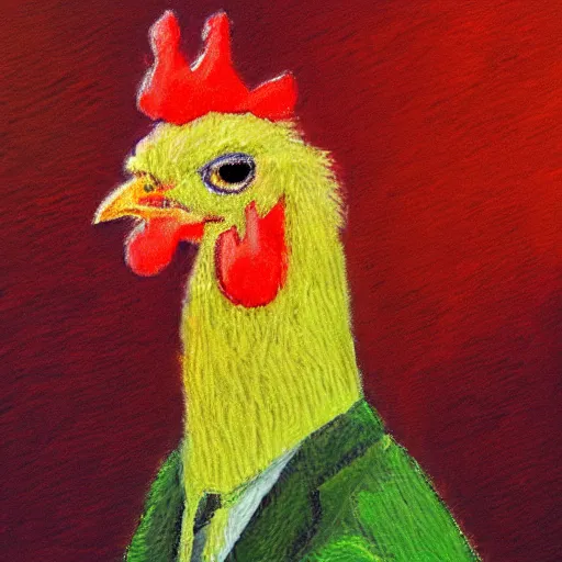 Prompt: a high quality photo of a chicken wearing a suit impressionism 8 k