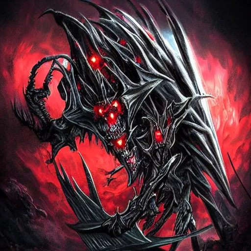 Prompt: a dark matter solutions schizophrenia sphare limbo digital art angry demon in iron armor and dragon bones with diamonds sits on the black throne of death and looks with red eyes into the darkness against the background of a bright red sun