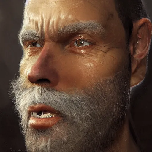 Image similar to An oil painting of a man dressed in priest robes, 50 years old, chad jaw line, short grey hair, trimmed beard, sharp facial features, beautiful, highly detailed, by Cédric Peyravernay, trending on artstation