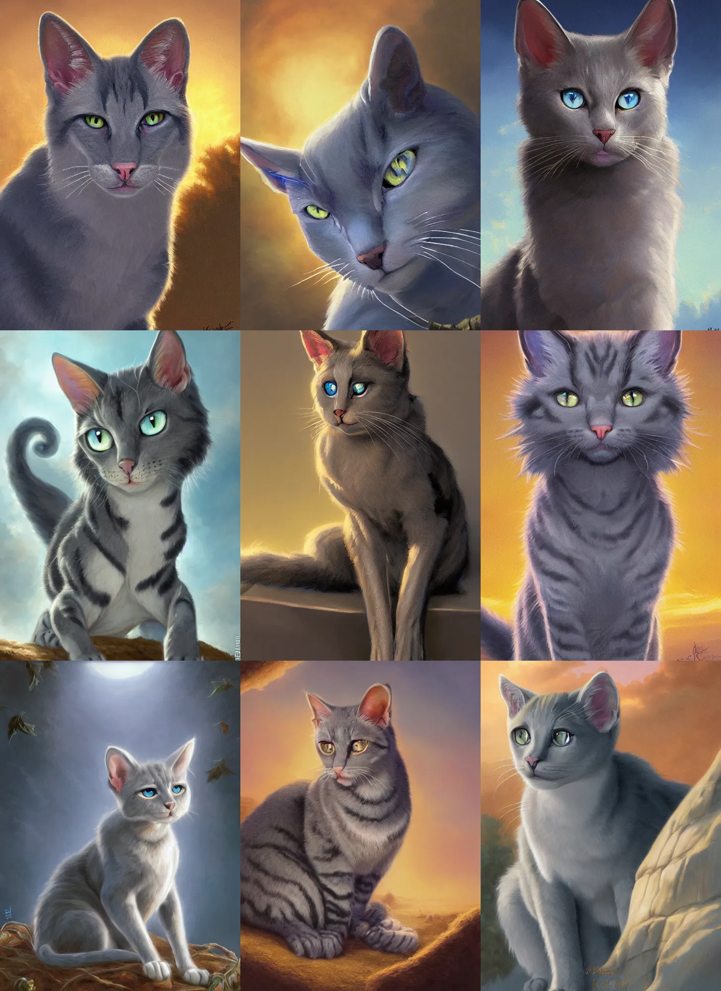 Prompt: painting of Ashfur from Warrior Cats, a light gray cat with dark specks and blue eyes, blue eyes!, golden hour, classical style, art by Kenne Gregoire and Paul Gustav Fischer and Ross Tran and Greg Rutkowski