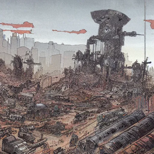 Image similar to robot civil war has destroyed robot city on planet robot, by john baptiste monge, muted colors