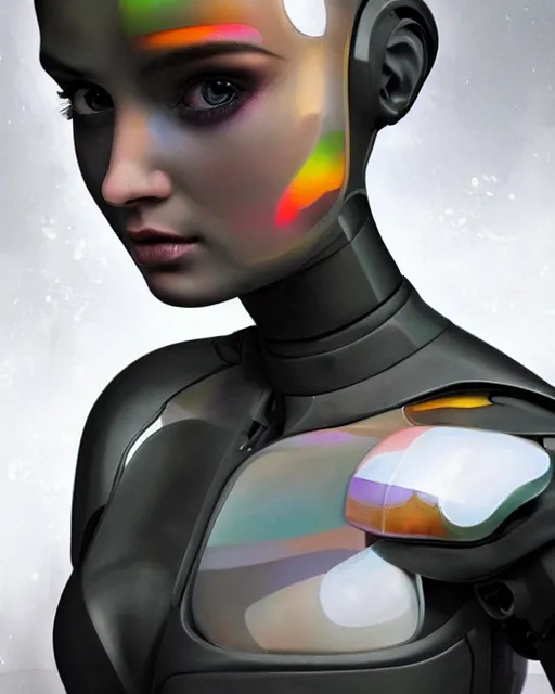 Image similar to a beautiful half body image of a futuristic android with body made of translucent plastic, short hair made of colored cellophane with mechanical internal parts, symmetrical and realistic proportions by Irakli Nadar, tom bagshaw, Charlie Bowater with details by Jason Felix, furio tedeschi, face by ilya kuvshinov, artgerm, cinematic backlit lighting, beauty retouch, elite, photo realistic, octane render, hyper real, ultra detailed, trending on artstation pinterest and deviantart