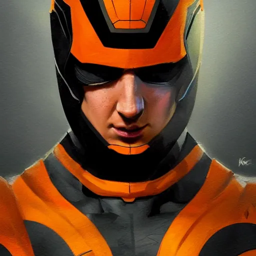 Image similar to portrait of a superhero by greg rutkowski, he looks like miles teller, he is wearing a black, orange and yellow kevlar gear, highly detailed portrait, digital painting, artstation, concept art, smooth, sharp foccus ilustration, artstation hq