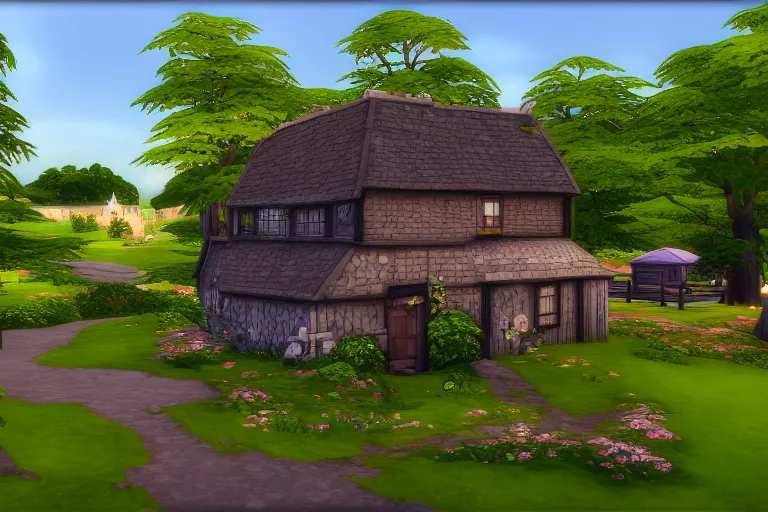 Prompt: Sims 4 medieval cottage house, 8k, photorealistic imagery, bloom effect, god rays, trending on artstation