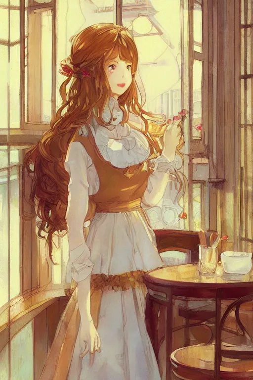 Image similar to A girl in a maid's outfit in a cafe a afternoon, wavy hair yellow theme,S line,45 angel by krenz cushart and mucha and trnyteal