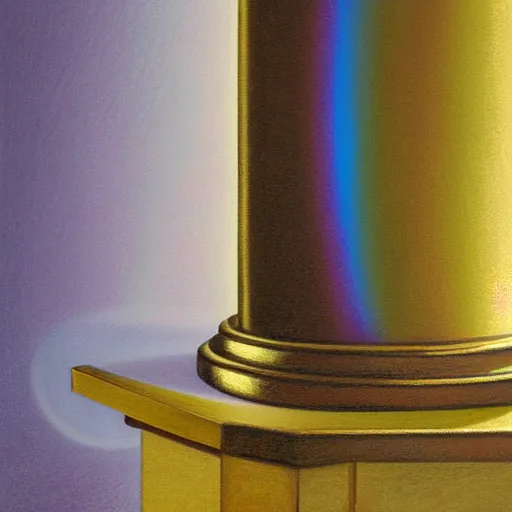 Prompt: still life painting of a room with a balcony and a pedestal displaying an ancient holy artifact, shaped like torus ring, chromed and ornate with gentle iridescent shine from within. the ring lays on top of a pedestal. perspective from the side. realistic light and shadows. moody fantasy art, still life renaissance pastel painting. close up