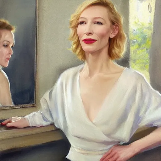 Image similar to cate blanchett in low-cut blouse in front of a mirror, painting by Vladimir Volegov