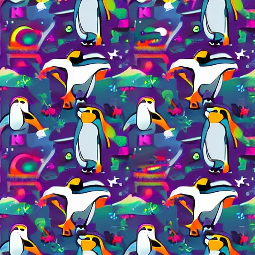 Image similar to A pack of penguins dancing in a rave party, illustration, artsation, smooth, official