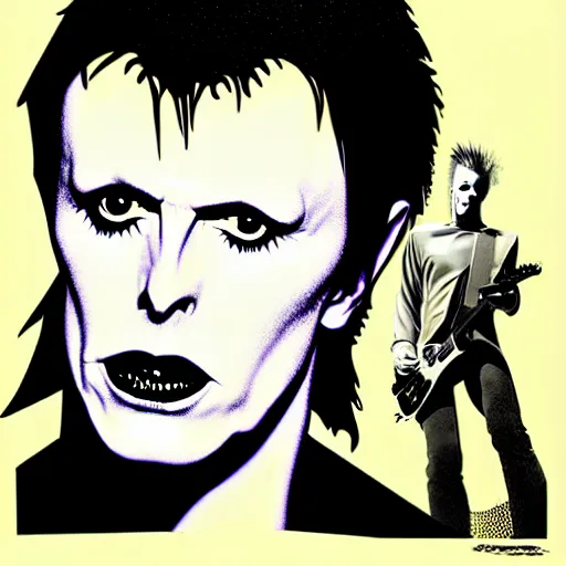 Prompt: vector art solarized screenprint of trent reznor as david bowie as dream of the endless ( sandman ) by brian bolland and andy warhol
