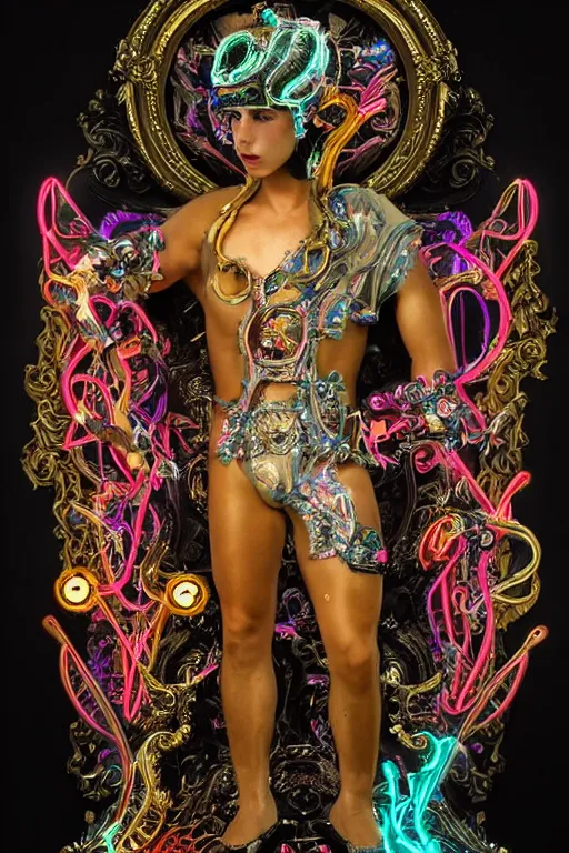 Prompt: full-body bladerunner neon rococo style sculpture of a young handsome Spanish Nick Jonas as a half cibernetic android with a chest opening exposing circuitry and electric sparks, glowing laser beam eyes, crown of giant diamonds, flowing neon-colored silk, fabric, raptors. baroque elements. full-length view. baroque element. intricate artwork by caravaggio. many many birds birds on background. Trending on artstation, octane render, cinematic lighting from the right, hyper realism, octane render, 8k, depth of field, 3D