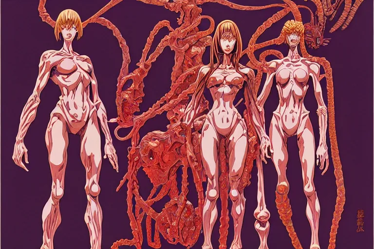 Image similar to cel shaded study of a group of flesh golems, key visual with intricate linework, in the stlye of moebius, ayami kojima, 90's anime, retro fantasy