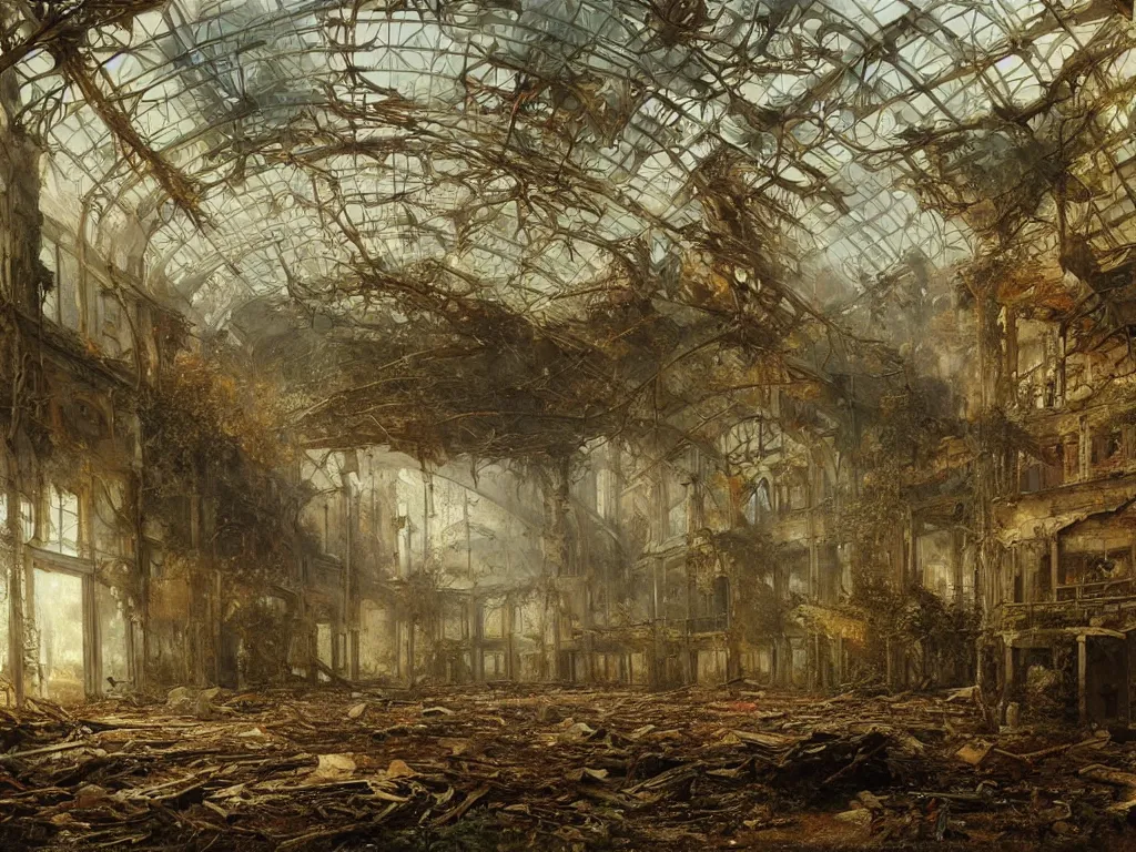 Image similar to Interior of a post apocalyptic abandoned mall reclaimed by nature, highly detailed, oil on canvas, by Ivan Shishkin and Aivazovsky