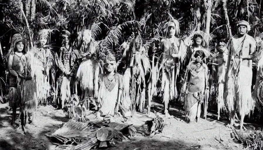 Prompt: lost film footage of a sacred ethnographic object in the middle of the ( ( ( ( ( ( ( ( ( tropical jungle ) ) ) ) ) ) ) ) ) / film still / cinematic / enhanced / 1 9 2 0 s / black and white / grain