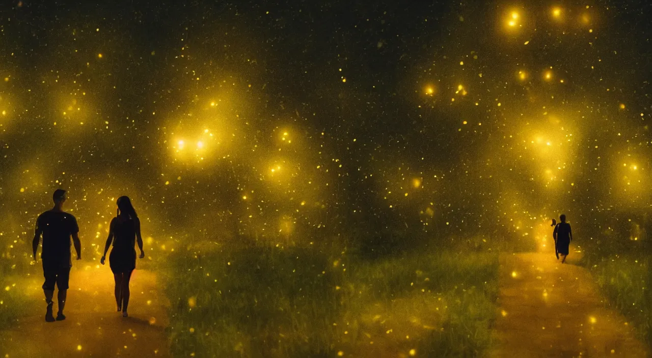 Prompt: a couple walking in the middle of fireflies the color of the moon, cinematic lighting, wow, establishing shot