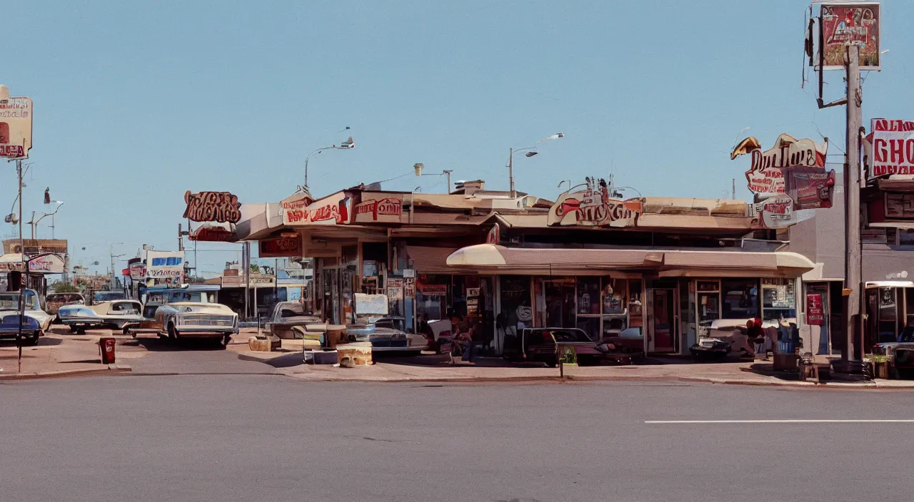 Prompt: a street in an american suburb with a diner in the center, scene from a 1 9 7 3 film, anamorphic lens, analog film, classic cinema, filmgrain, chromatic aberration