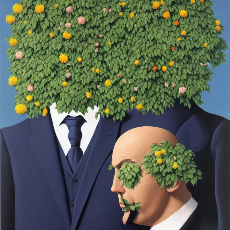 Image similar to portrait of man in a suit with flowers hiding his face by rene magritte, detailed painting, hd, hq, high resolution, high detail, 4 k, 8 k