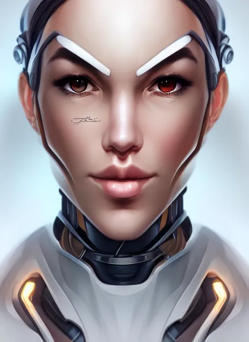 Image similar to portrait of a cyborg woman by Artgerm, (((((face turns left))))) ((((((face turns right)))))), eyes closed , biomechanical, hyper detailled, trending on artstation