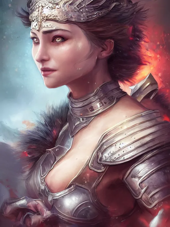 Prompt: a beautiful hyper realistic detailed epic concept art showing a noble knight women with her fist up and her spirit of the great raccoon gradian above her, by artgerm, charlie bowater and harumi hironaka, in the style of dragon age, featured on artstation