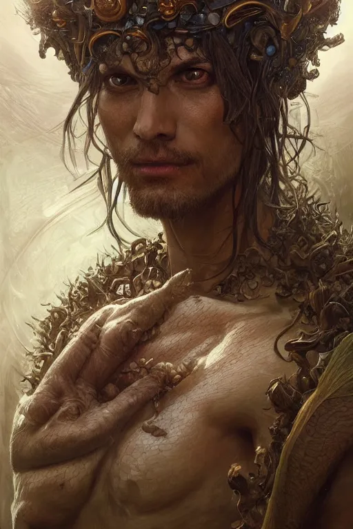 Image similar to Ultra realistic illustration portrait, a mutated mushroom human king, fantasy, intricate, elegant, highly detailed, digital painting, artstation, concept art, smooth, sharp focus, illustration, art by artgerm and greg rutkowski and alphonse mucha