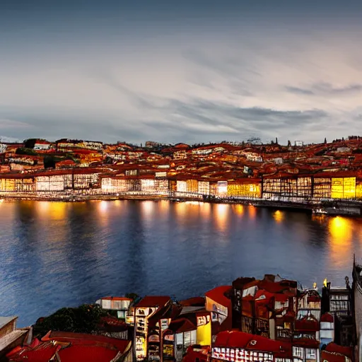 Prompt: of panorama view of the city of porto. cinematic view. anamorphic lens, night lights. sharp focus