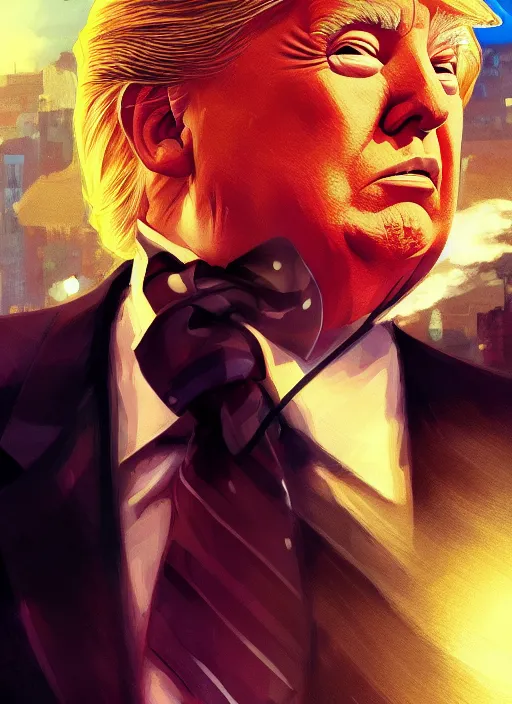 Image similar to donald trump, single centered subject, mid shot, ambient lighting, detailed face, by makoto shinkai, stanley artgerm lau, wlop, rossdraws