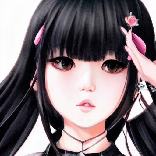 Image similar to realistic detailed semirealism beautiful gorgeous cute Blackpink Lalisa Manoban wearing Japanese school uniform, black hair black cat ears, black leather choker, proportional body, WLOP, Aztodio, Taejune Kim, sakimichan, ArtGerm, Pixiv, Instagram, Artstation