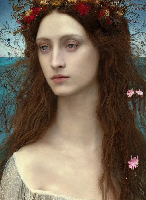 Image similar to portrait photography of a beautiful woman how pre-Raphaelites by Giovanni Gastel britt marling style 3/4with her eyes closed,inspired by Ophelia Millais Paint , the face emerges from water of Pamukkale, underwater face, the hair are intricate with highly detailed realistic beautiful brunches and flowers like crown, anatomical real full body dressed ethereal lace dress floating in water surface , Kodak Portra 400, 8K, soft light, volumetric lighting, highly detailed, britt marling style 3/4 ,, Refined, Highly Detailed, outdoor soft pastel lighting colors scheme, outdoor fine art photography, Hyper realistic, photo realistic