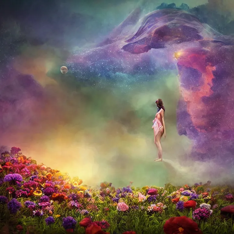 Image similar to a planet of various flowers, fungus and plants, in which the singular human figure is dressed in something magical and impressive, inside the picture is infinity, sunset light, Atmospheric phenomenon, artistic photography, muted colors, conceptual, long exposure outside the city, volumetric light