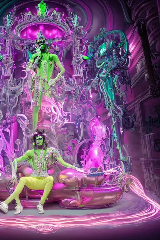 Image similar to full-body rococo and cyberpunk style neon statue of a young attractive aladdin macho dotado e rico android sim roupa reclining con las piernas abertas e la piroca dura, glowing white laser eyes, prince crown of pink gears, diamonds, swirling silver-colored silk fabric. futuristic elements. full-length view. space robots. human skulls. intricate artwork by caravaggio. Trending on artstation, octane render, cinematic lighting from the right, hyper realism, octane render, 8k, depth of field, 3D