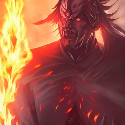 Image similar to portrait of dark biden the mankind god of flames, anime fantasy illustration by tomoyuki yamasaki, kyoto studio, madhouse, ufotable, square enix, cinematic lighting, trending on artstation