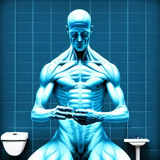 Image similar to Digital art High detailed Dr.Manhattan in Ukrainian village house by Taras Shevchenko, siting on a toilet, photorealism, by Beeple