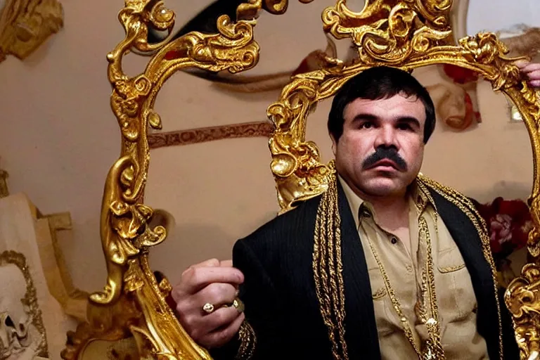 Image similar to el chapo is a genie standing in the middle of a grandiose mexican mansion. everything is made out of gold. el chapo is sipping on wine. the mansion is incredible and ornate. chapo has a clockwork chain. there are princesses and queens everywhere around him, lovely scene of a genie being a pimp