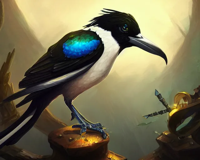 Image similar to magpie, deep focus, d & d, fantasy, intricate, elegant, highly detailed, digital painting, artstation, concept art, matte, sharp focus, illustration, hearthstone,