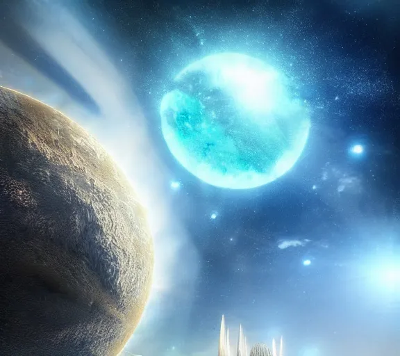 Image similar to planet with a gigantic megastructure tower extending out of its atmosphere. beautiful, epic, realistic, space fantasy scene, futuristic and iridescent crystals