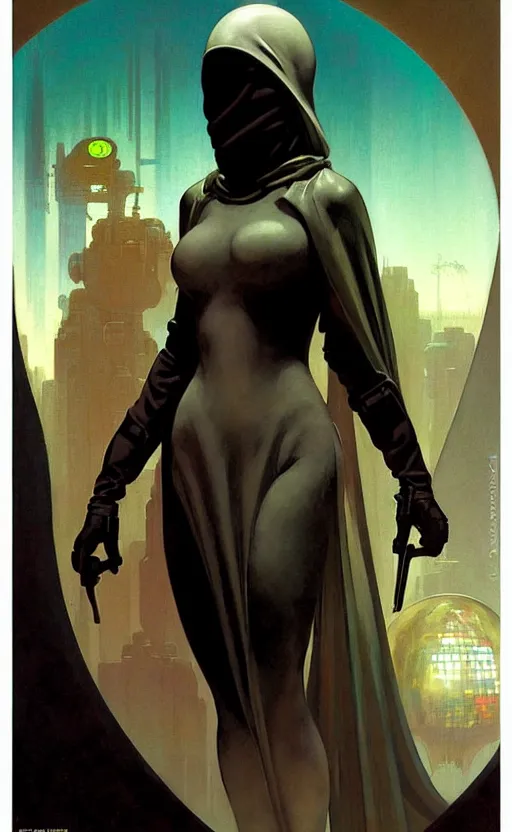 Image similar to pulp scifi fantasy spot illustrations of various character concepts, ciberpunk girl, burka, futuristic design, crafting, diy, by norman rockwell, roberto ferri, daniel gerhartz, edd cartier, jack kirby, howard brown, ruan jia, tom lovell, jacob collins, dean cornwell, astounding stories, amazing, fantasy, other worlds