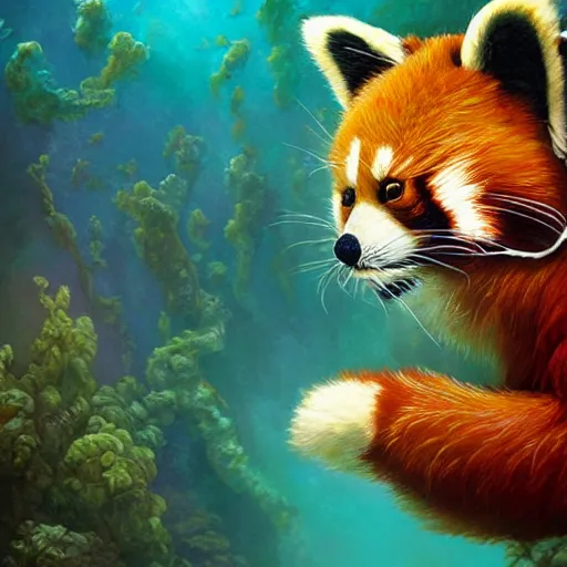 Image similar to commissioned portrait of a furry anthro female red panda scuba diving underwater, painted todd lockwood, jeff easley, greg rutkowski, james gurney, artgerm, digital art, trending on artstation