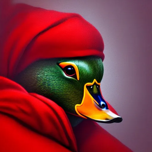 Image similar to portrait of cute mallard duck, wearing cultist red robe, inside a castle, expressive oil painting, digital art, octane render