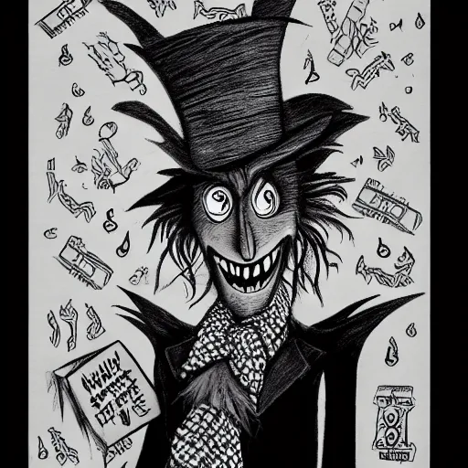 Image similar to a Pop Wonder scary horror themed goofy-hilarious-character Babadook-scarecrow-madhatter-williewonka-wearing a scarf, 3-piece-suit, dime-store-comic drawn with charcoal and pen and ink, half-tone-line-stacking