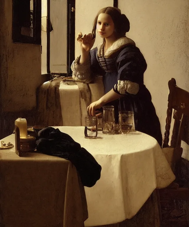 Image similar to a highly detailed, beautifully lit portrait of a pretty, young alicia vikander sitting at a table by an open window, oil painting portrait by vermeer and bouguereau and waterhouse